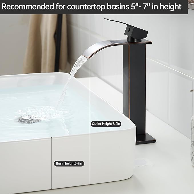 Fransiton Tall Vessel Sink Faucet Oil Rubbed Bronze Faucet for Bathroom Sink Tall Waterfall Bathroom Faucet Single Handle 1 or 3 Hole Wash with Pop-up Drain