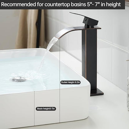 Fransiton Tall Vessel Sink Faucet Oil Rubbed Bronze Faucet for Bathroom Sink Tall Waterfall Bathroom Faucet Single Handle 1 or 3 Hole Wash with Pop-up Drain