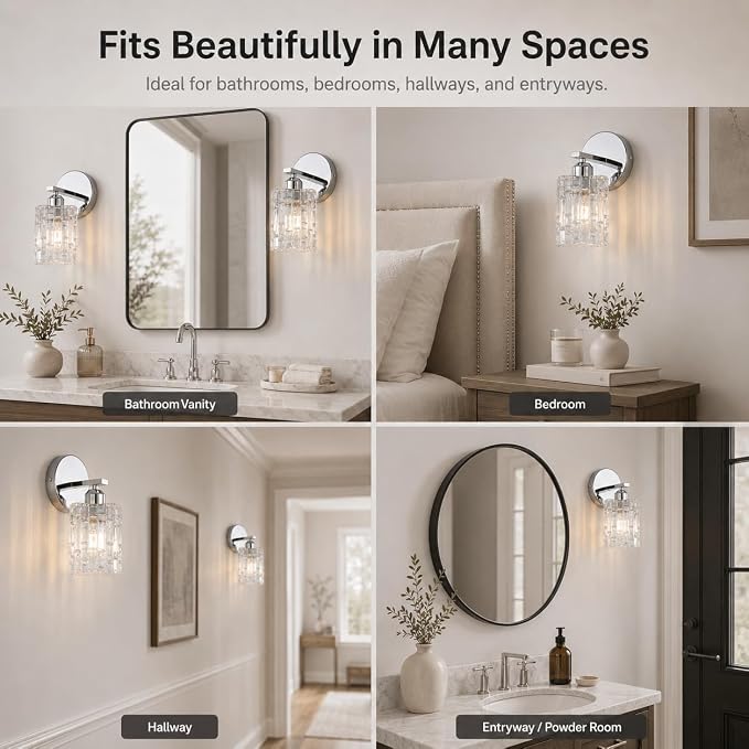 2-Pack Chrome Crystal Bathroom Vanity Lights, 1-Light Wall Mount Fixture for Over Mirror, Modern Wall Light for Bathroom, Bedroom, Hallway