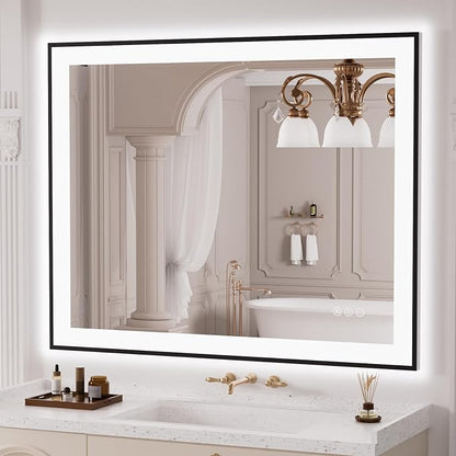 LOAAO 40"X32" LED Bathroom Mirror Black Framed | Anti-Fog, Dimmable, Memory Function, Tempered Glass, Lighted Vanity Mirror for Wall