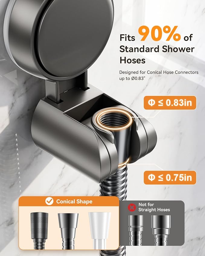 JOTPE Adjustable Suction Cup Shower Head Holder, Wall Mount, Gray | Adjustable holder fits most handheld shower heads, Reusable suction cup installs without drilling on smooth surfaces