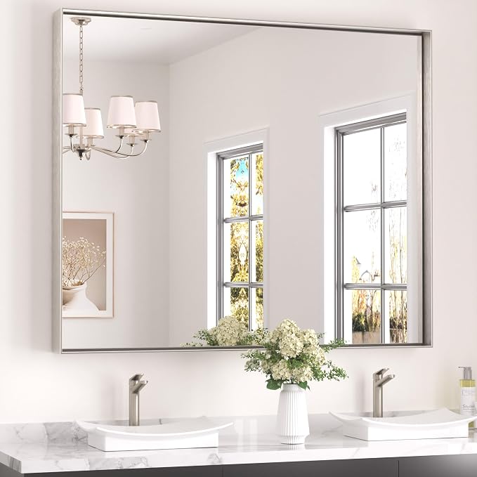 Keonjinn 48x40 Inch Nickel Bathroom Mirror for Over Sink, HD Tempered Glass | Rectangular, Vanity Mirror, Brushed Framed, Square Corner, Modern Farmhouse, Wall Mounted Mirrors, Aluminum Alloy
