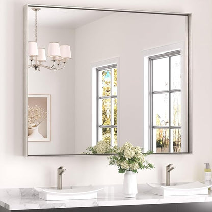 Keonjinn 48x40 Inch Nickel Bathroom Mirror for Over Sink, HD Tempered Glass | Rectangular, Vanity Mirror, Brushed Framed, Square Corner, Modern Farmhouse, Wall Mounted Mirrors, Aluminum Alloy