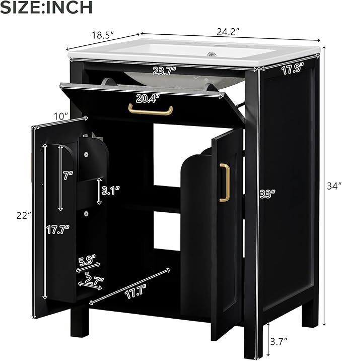 24" Bathroom Vanity with Sink, Modern Bathroom Vanity 24 Inch with Sink, 24 Bathroom Sink Vanity with Flip Drawer, Cabinet and Door Shelves, 24" Vanity with Sink for Bathroom (Black)