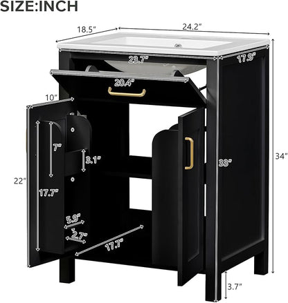 24" Bathroom Vanity with Sink, Modern Bathroom Vanity 24 Inch with Sink, 24 Bathroom Sink Vanity with Flip Drawer, Cabinet and Door Shelves, 24" Vanity with Sink for Bathroom (Black)