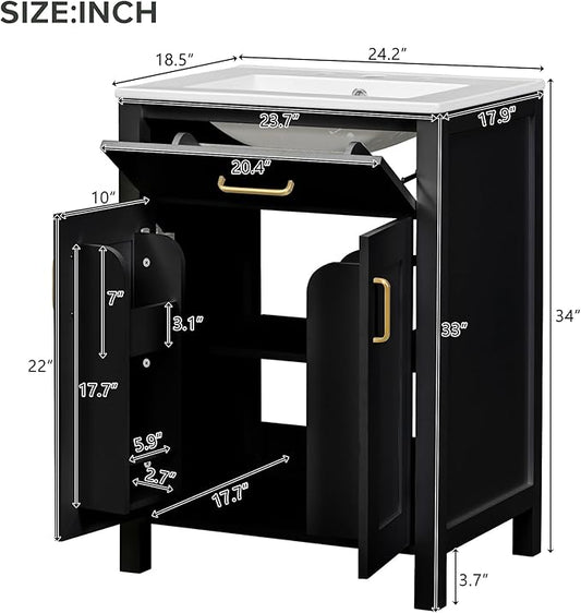 24" Bathroom Vanity with Sink, Modern Bathroom Vanity 24 Inch with Sink, 24 Bathroom Sink Vanity with Flip Drawer, Cabinet and Door Shelves, 24" Vanity with Sink for Bathroom (Black)