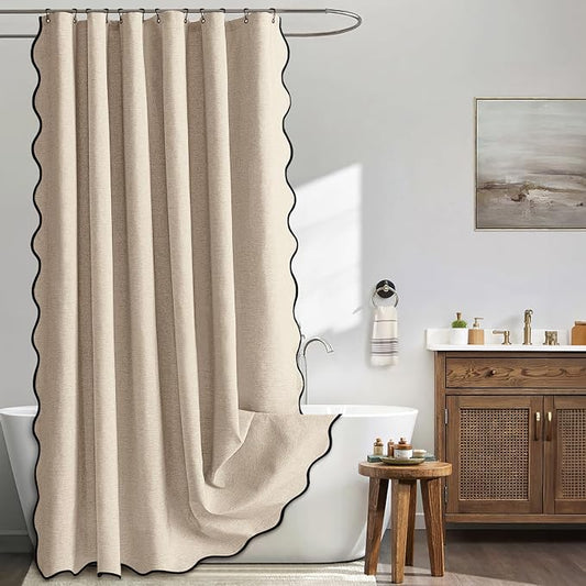 MIULEE Copper Brown Scalloped Linen Shower Curtain 72x78 Inches | Linen Textured, Waterproof, Washable, 12 Metal Hooks, Heavy Duty Cloth, Black Border, Shower Curtain for Bathroom Bathtub