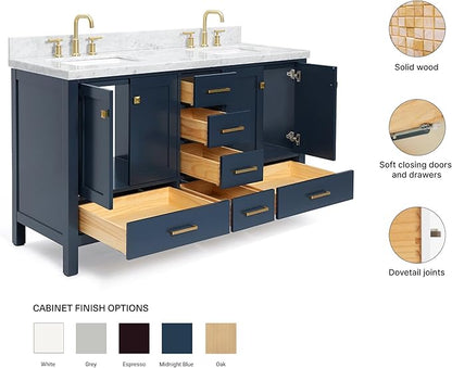 ARIEL Cambridge 60-inch Bathroom Vanity with Sink,Solid Wood, 1.5-inch Italian Carrara Marble Countertop, Double Rectangular Porcelain Sink, 4 Soft Closing Doors, 6 Dovetail Drawers, Midnight Blue