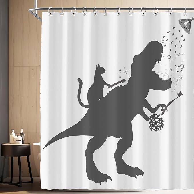 Funny Dino Dinosaur Cat Kids Boy Fun Shower Curtain for Bathroom 72W*72H Inch Trex Raptor Silhouette Bathing Cartoon Animal Shadow Bathtub Decor Teen Cute Waterproof Polyester Fabric Set with 12 Hooks