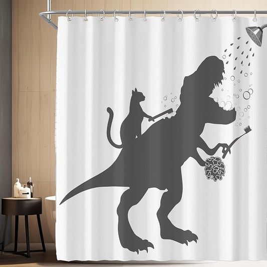 Funny Dino Dinosaur Cat Kids Boy Fun Shower Curtain for Bathroom 72W*72H Inch Trex Raptor Silhouette Bathing Cartoon Animal Shadow Bathtub Decor Teen Cute Waterproof Polyester Fabric Set with 12 Hooks