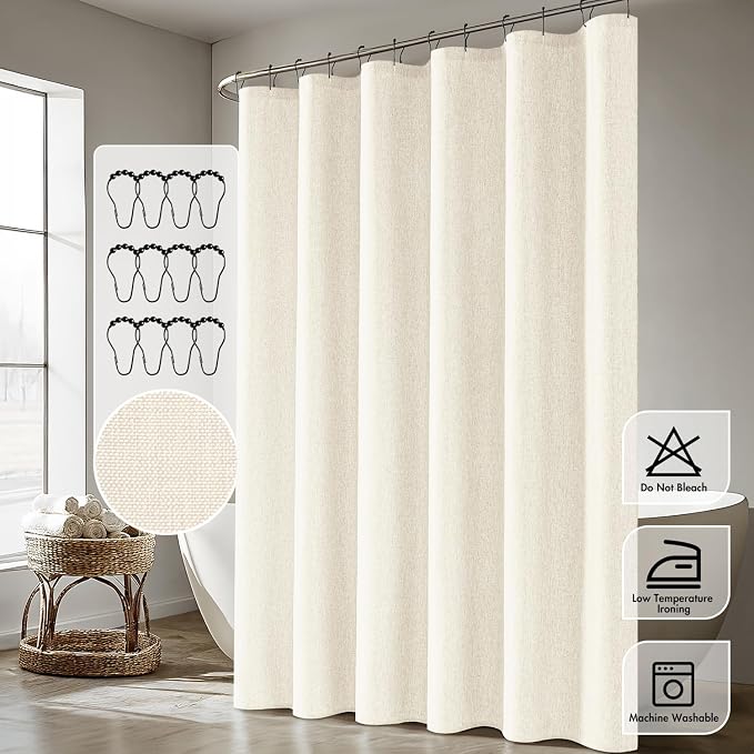 ANRODUO Ivory Linen Textured Fabric Shower Curtain Set - W72xL84 | Farmhouse Shower Curtain with 12 Metal Hooks, Waterproof Heavy Duty, Button Hole Design, Machine Washable for Bathroom