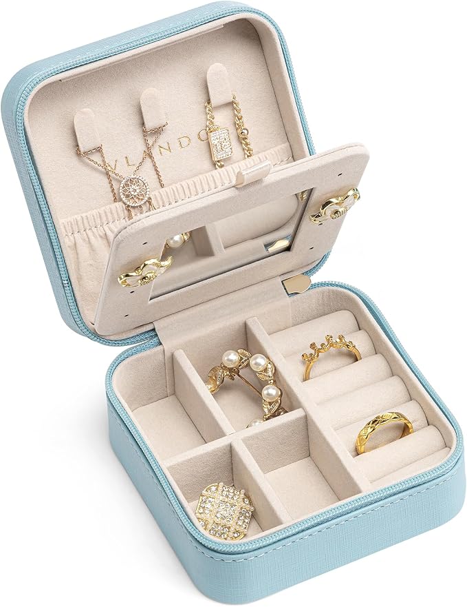 VLANDO Teacher Appreciation Graduation Gifts - Small Travel Jewelry Box Organizer - Display Case for Girls Women Gift Rings Earrings Necklaces Storage with Mirror Blue | Necklace Hook for Anti-tangle, Removable Dividers, Waterproof PU Leather,Portable ...