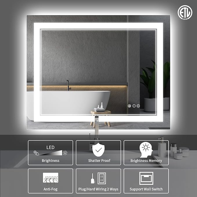 48x36 Inch LED Bathroom Mirror with Lights | Front and Backlit, 3 Colors, Dimmable, Memory, Anti Fog, Shatterproof, Horizontal/Vertical, Lighted Mirrors for Bathroom Wall