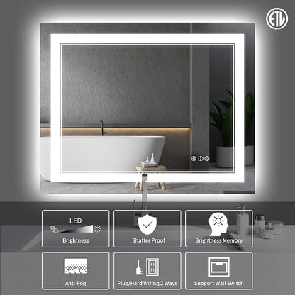48x36 Inch LED Bathroom Mirror with Lights | Front and Backlit, 3 Colors, Dimmable, Memory, Anti Fog, Shatterproof, Horizontal/Vertical, Lighted Mirrors for Bathroom Wall