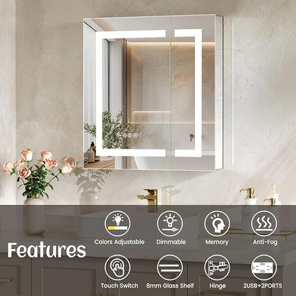 24x26 Inch Bathroom Medicine Cabinet with Mirror, Lighted Bathroom Mirror with Storage, Recessed /Surface Mount Medicine Cabinet with Socket & USB, Anti-Fog, 3 Colors Temperature, Dimmable Light