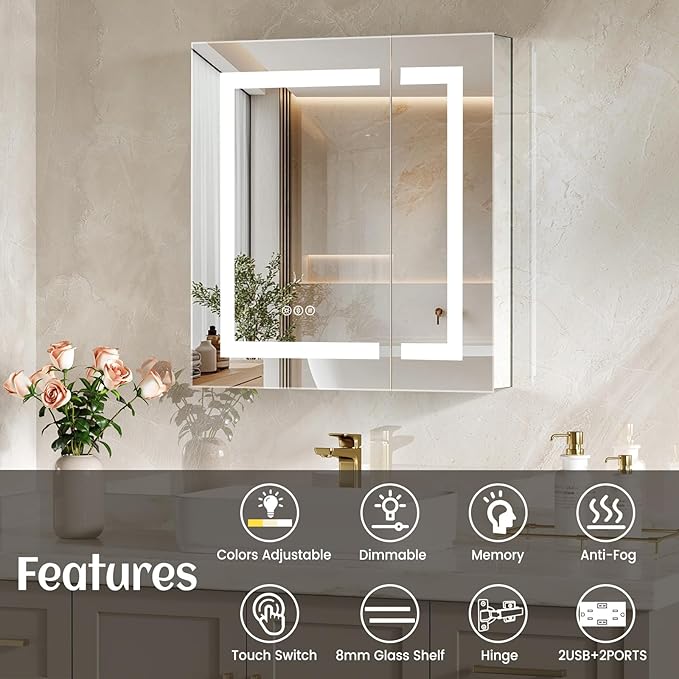 30x26 Inch Bathroom Medicine Cabinet with Mirror, Lighted Bathroom Mirror with Storage, Recessed /Surface Mount Medicine Cabinet with Socket & USB, Anti-Fog, 3 Colors Temperature, Dimmable Light