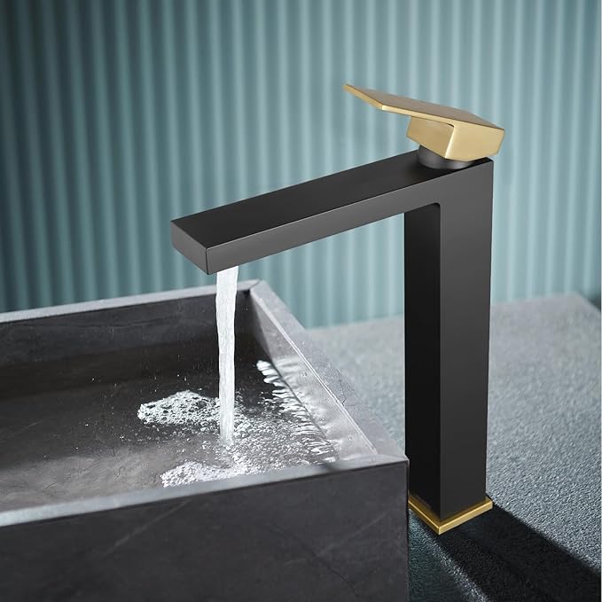 Matte Black and Brushed Gold Vessel Sink Faucet, Lava Odoro Single Handle Bathroom Faucet Single Hole Bathroom Sink Faucet Tall Bowl Sink Faucet with Drain Assembly, BF307-GB-T