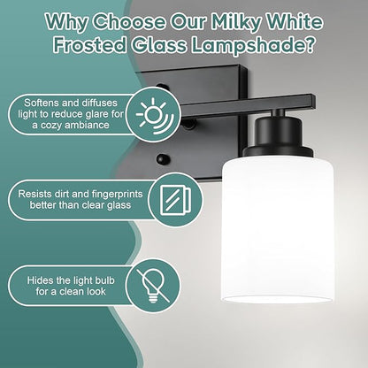 Ascher Bathroom Light Fixtures, 2-Light Vanity Light Over Mirror, Matte Black Wall Sconces with Milky White Frosted Glass Shades, Wall Lamp for Living Room Bedroom, E26 Base(Bulbs Not Included)