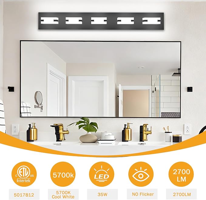 LED Black Bathroom Light Fixtures, 5-Light 5700K Modern Vanity Lights | LED Black Bathroom Light Fixtures, 5-Light Modern Vanity Lights , ETL Listed, 35W (Cool White 5700K)