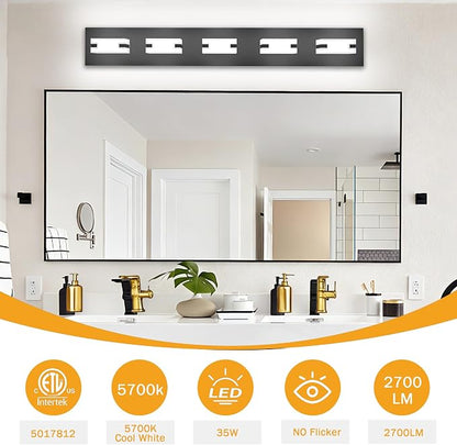 LED Black Bathroom Light Fixtures, 5-Light 5700K Modern Vanity Lights | LED Black Bathroom Light Fixtures, 5-Light Modern Vanity Lights , ETL Listed, 35W (Cool White 5700K)