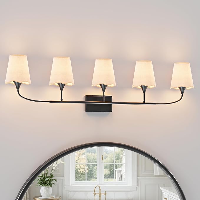 Morauroral Bathroom Light Fixtures Over Mirror, 5 Light Vanity Light for Bathroom, Black Vanity Light Fixtures with Fabric Linen Shade, E26 Socket Sconce Wall Decor(ETL Listed)