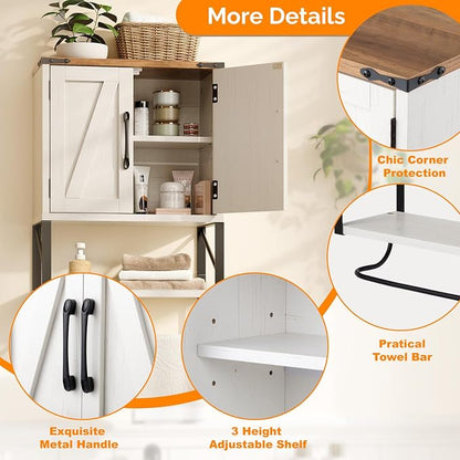 Bonnlo Wall Cabinet Farmhouse with Tower Bar Small Bathroom Medicine Cabinet Over Toilet Storage Organizer with Tower Bar Wall Mounted for Bathroom Kitchen Rustic White & Brown