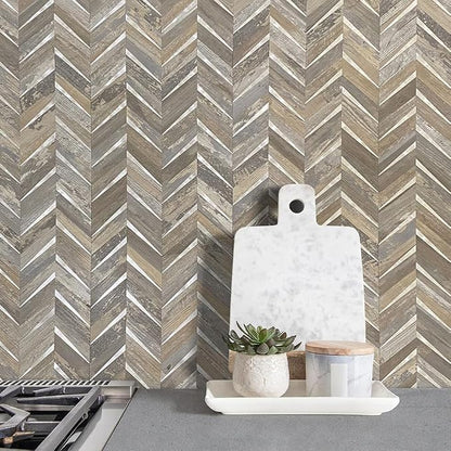 DICOFUN 10-Sheet Herringbone Peel and Stick Backsplash for Kitchen, Distressed Wood Wood Look PVC Mixed Metal Chevron Stick on Backsplash Wall Tiles
