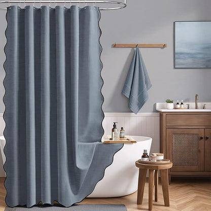 BTTN 54 Inch Stall Shower Curtain, Boho Scalloped Linen Textured Heavy Duty Fabric Shower Curtain Set with 10 Hooks, Narrow Farmhouse Rustic Waterproof Shower Curtains for Bathroom, 54x78, Blue Grey