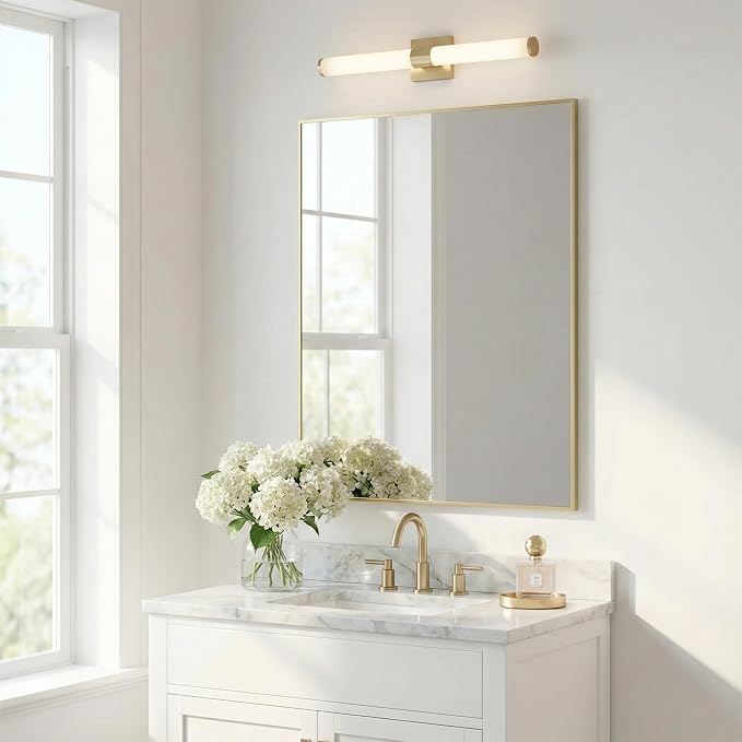 30"x36" Satin Gold Framed Rectangle Bathroom Vanity Wall Mirror | Over-Sink Vanity Mirror, Slim Metal Frame, Entryway or Dresser Use, Vertical/Horizontal Mount, Tempered Glass