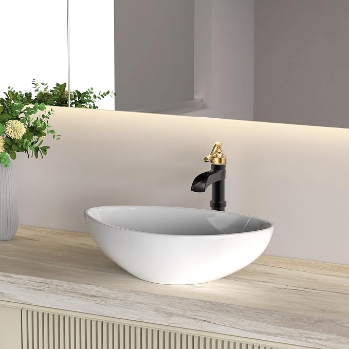 Black and Gold Vessel Sink Faucet Brass Tall Waterfall Bathroom Faucet | Bathroom Sink Faucets Single Handle with Pop Up Drain Without Overflow and Supply Hoses Mixer Tap Deck Mount by BATHLAVISH