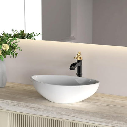 Black and Gold Vessel Sink Faucet Brass Tall Waterfall Bathroom Faucet | Bathroom Sink Faucets Single Handle with Pop Up Drain Without Overflow and Supply Hoses Mixer Tap Deck Mount by BATHLAVISH