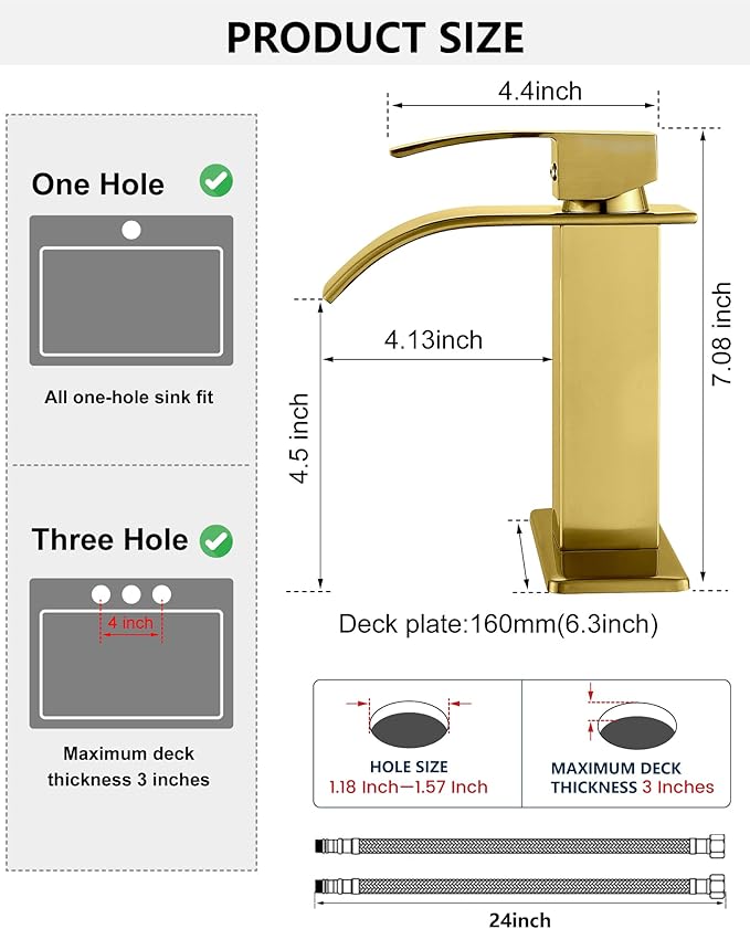 Midanya Waterfall Spout Bathroom Faucet Single Handle 1 Hole Bathroom Sink Faucet,Modern RV Lavatory Vanity Basin Tap with Water Hose,No Drain,Short Body,Brushed Gold