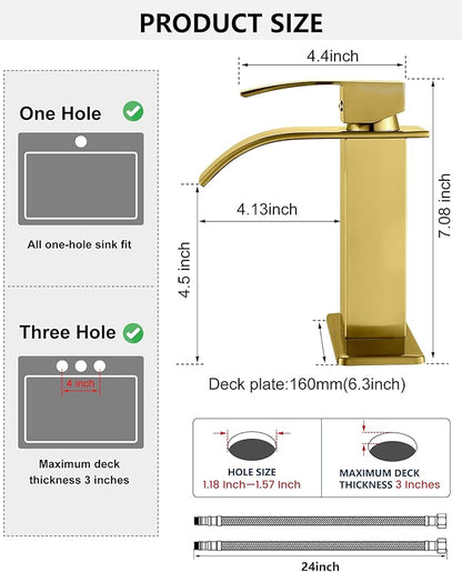 Midanya Waterfall Spout Bathroom Faucet Single Handle 1 Hole Bathroom Sink Faucet,Modern RV Lavatory Vanity Basin Tap with Water Hose,No Drain,Short Body,Brushed Gold