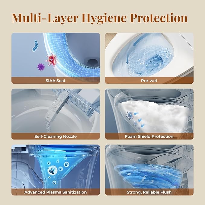 ST12P Smart Toilet, Bidet Toilet with ADA Height, Foam Shield & PlasmaClean Technology for Enhanced Comfort & Hygiene, Remote Control, Easy-clean
