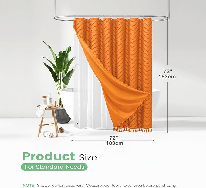 Dynamene Orange Boho Shower Curtain and Liner Set, Farmhouse Fabric Shower Curtain and Waterproof Clear Liner, Tufted Chevron Striped Textured Tassel Shower Curtains for Bathroom with 12 Hooks, 72x72