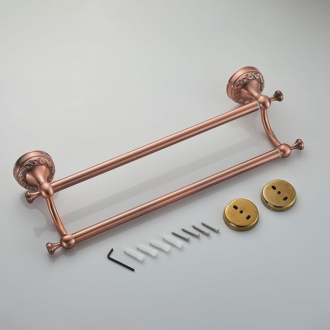 Red Copper Double Towel Bar, Adjustable 15.5 to 27.5 Inch Bath Towel Rack for Bathroom Towel Holder, Wall Mounted Black Bathroom Hardware Accessories,Pattern Carving Design