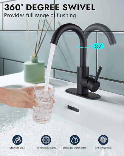 Midanya Single Hole Bathroom Faucet 1 Hole Bar Sink Faucet Suitable for Kitchen RV Vanity,304 Stainless Steel 360° Swivel Spout with Deck Plate and Pop-up Drain,Matte Black