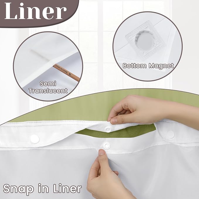 SORTTO No Hook Slub Shower Curtain with Liner, 71x74, Olive | Snap in Liner, 3 in 1, Bamboo Texture, Hotel Style, Waterproof Fabric, Mesh Top Window, Corner Magnets, Machine Washable