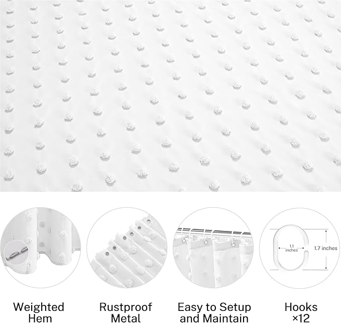 Extra Long Boho Farmhouse Shower Curtain Woven Fabric White Shower Curtain, 72 x 78 Tufted Pleat Floral Puffs Textured Modern Farmhouse Minimalist Shower Curtain Set with Hooks for Bathroom