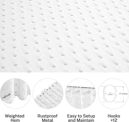 Boho Farmhouse White Shower Curtain Woven Fabric Shower Curtain, 72 x 72 Tufted Pleat Floral Puffs Textured Modern Farmhouse Minimalist Shower Curtain Set with Hooks for Bathroom