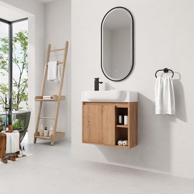 24" Bathroom Vanity with Ceramic Sink, Farmhouse Cabinet, Natural | Curved Sink Ceramic, Soft-Close Door, Interior Compartment and 2-Tier Open Side Shelves, 45° Inclined Edge Handle