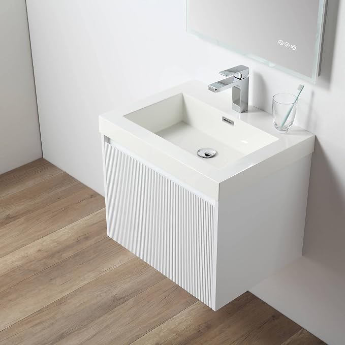 Blossom 24 Inch Modern Bathroom Vanity - All Wood Wall Mount Vanity - Pre-Assembled Floating Cabinet with Acrylic Sink - Soft-Close - Designer Matte White