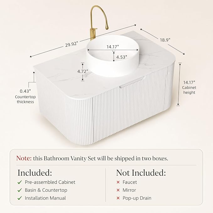 30 Inch Bathroom Vanity with Sink, Floating Wall Mounted Single Sink Vanity, White Curved Fluted Front, Stone Top, Pure White Round Vessel Basin, Pre-Assembled