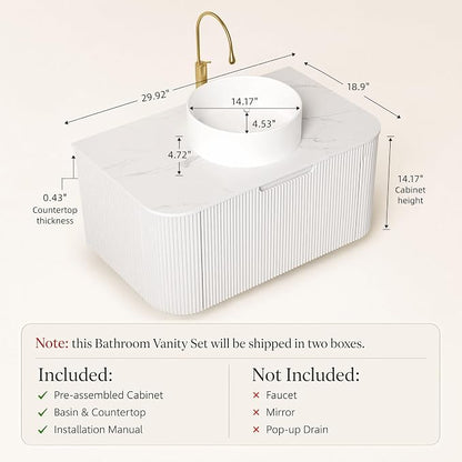 30 Inch Bathroom Vanity with Sink, Floating Wall Mounted Single Sink Vanity, White Curved Fluted Front, Stone Top, Pure White Round Vessel Basin, Pre-Assembled