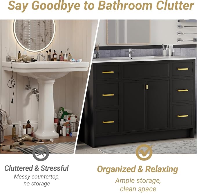 48 Inch Freestanding Bathroom Vanity with Sink, Shaker Style Black Double Sink Cabinet with 6 Drawers & Double Doors, Waterproof Lacquer Finish, Large Storage for Master Bathroom & Family Home