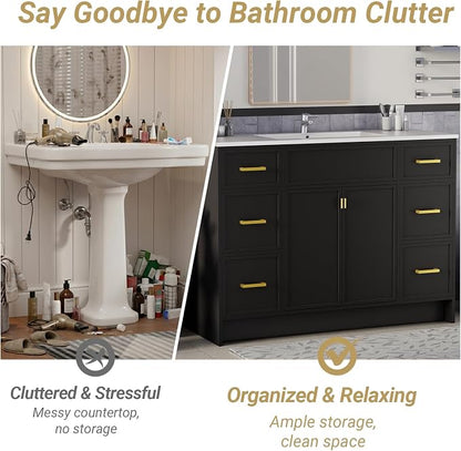 48 Inch Freestanding Bathroom Vanity with Sink, Shaker Style Black Double Sink Cabinet with 6 Drawers & Double Doors, Waterproof Lacquer Finish, Large Storage for Master Bathroom & Family Home