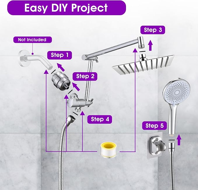 PROOX Filtered Shower Heads with Handheld Spray Combo, Rainfall Shower Head with 20 Stages Filter for Hard Water, Filtered Rain Shower Head for Hair And Skin, 12'' Adjustable Extension Arm, Chrome