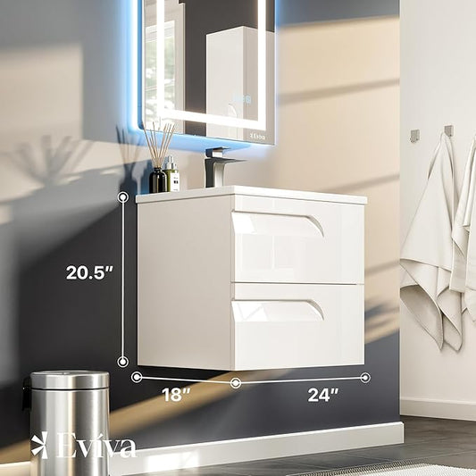 Eviva Joy 24 in. White Wall MountSingle Sink Bath Vanity with Porcelain Top and Integrated Sink