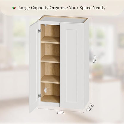 Kisart Laundry Room Cabinets Wall Mounted with Doors & Shelves, Solid Wood RTA Medicine Storage Cabinet, 24Wx42Hx12D Inch White Shaker Hanging Cupboard, Space-Saving for Kitchen, Bathroom, Garage