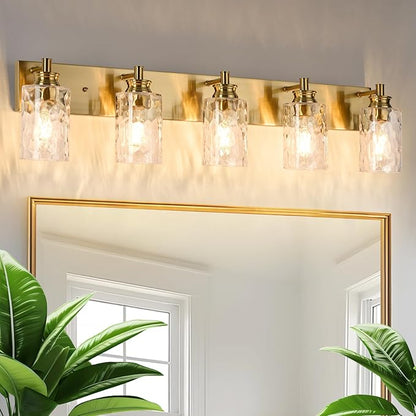 5 Light Bathroom Vanity Light Modern Brushed Gold Bathroom Light Fixtures Over Mirror with Hammered Glass Lampshade for Kitchen Hallway